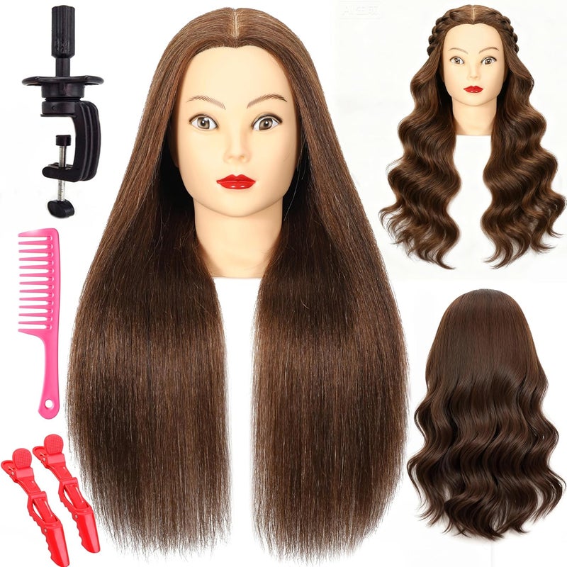 simnient Mannequin Head with 100% Real Hair, 20"Nature Brown Cosmetology Manikin Head Hair Styling Hairdressing Practice Styling Training Doll Heads with Clamp Holder clips and comb - Image 1